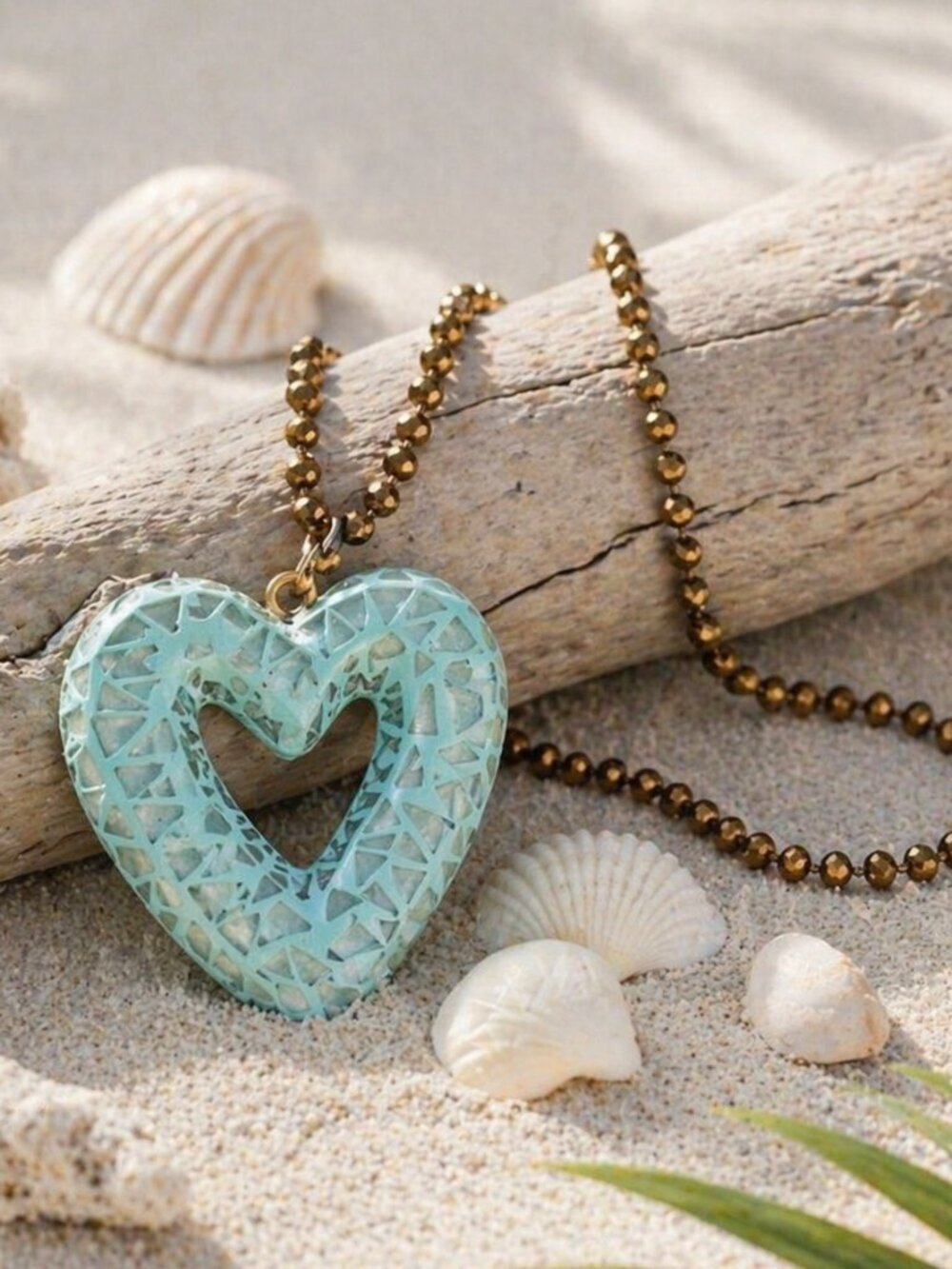 Mosaic Heart Pendant Necklace Mint Green Coastal Boho Bronze Bead Chain 36"